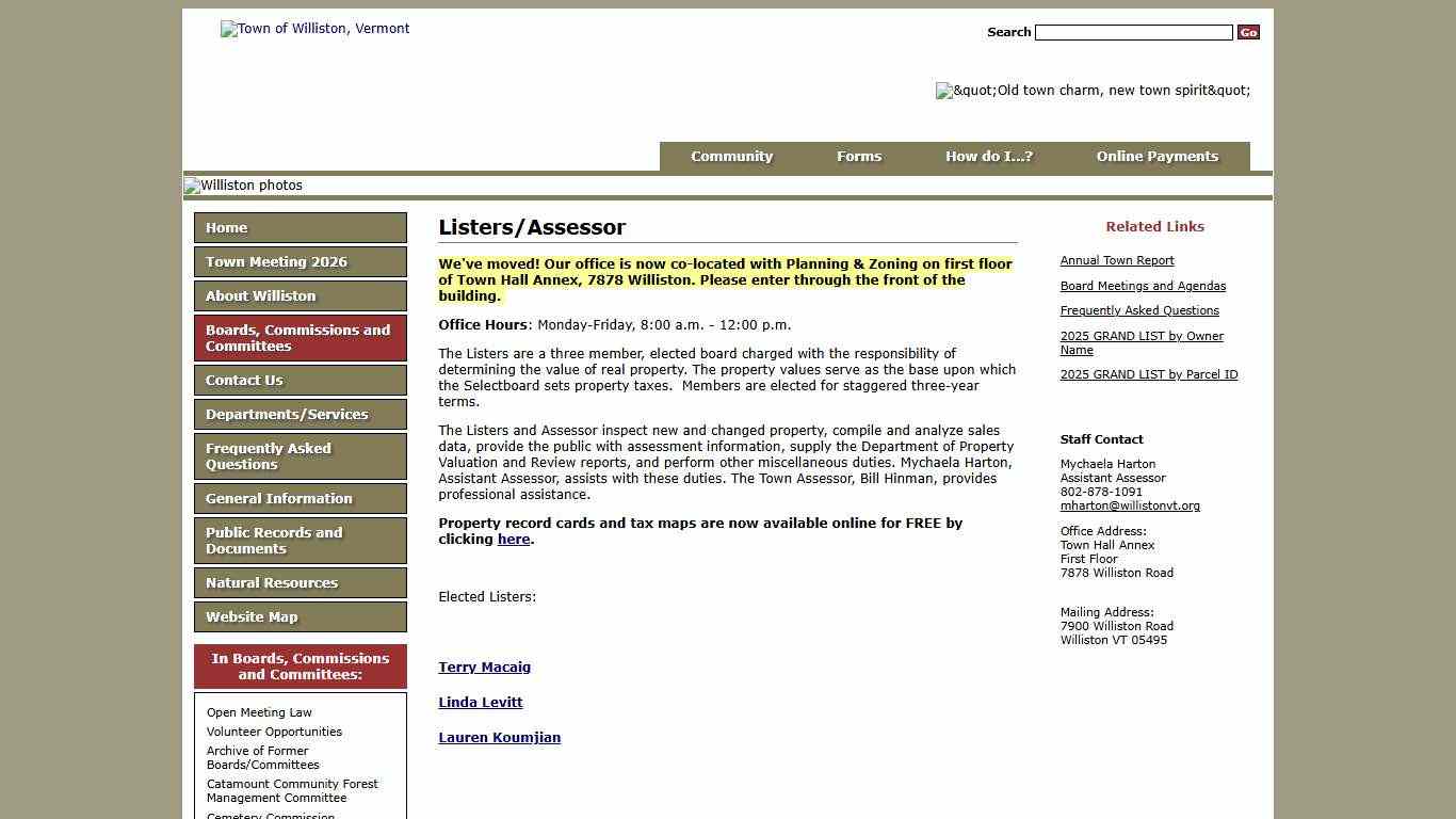 Listers/Assessor - Town of Williston, Vermont